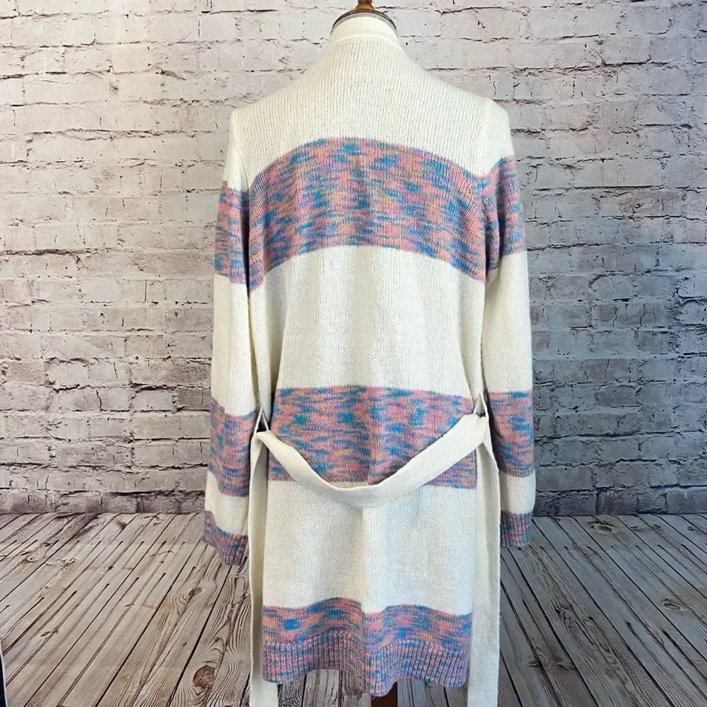 Lane Bryant Cozy Sweater Cardigan Duster Maxi Length Belted Striped Cream 14
